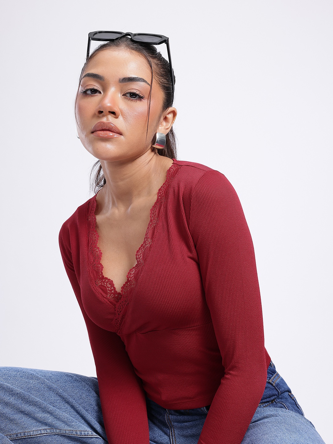 

glitchez Striking Ribs V-Neck Wrap-Style Crop Fitted Top with Lace Inserts, Red
