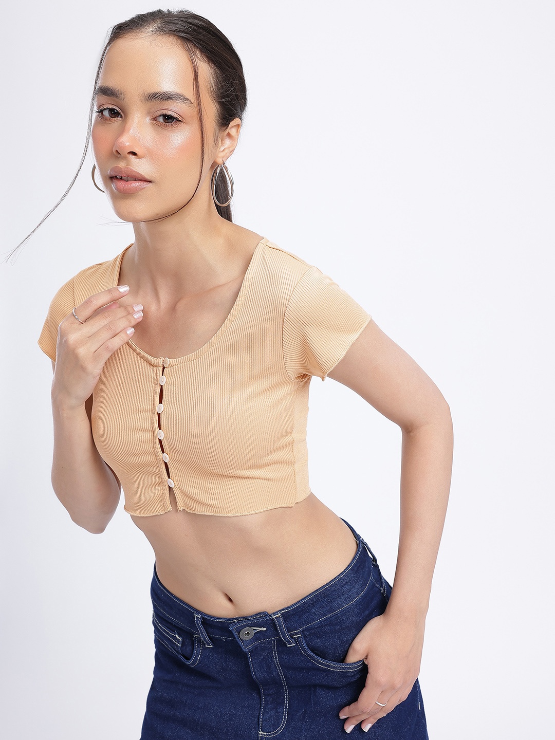 

glitchez Adorable Allure Ribbed Scoop Neck Crop Top, Beige