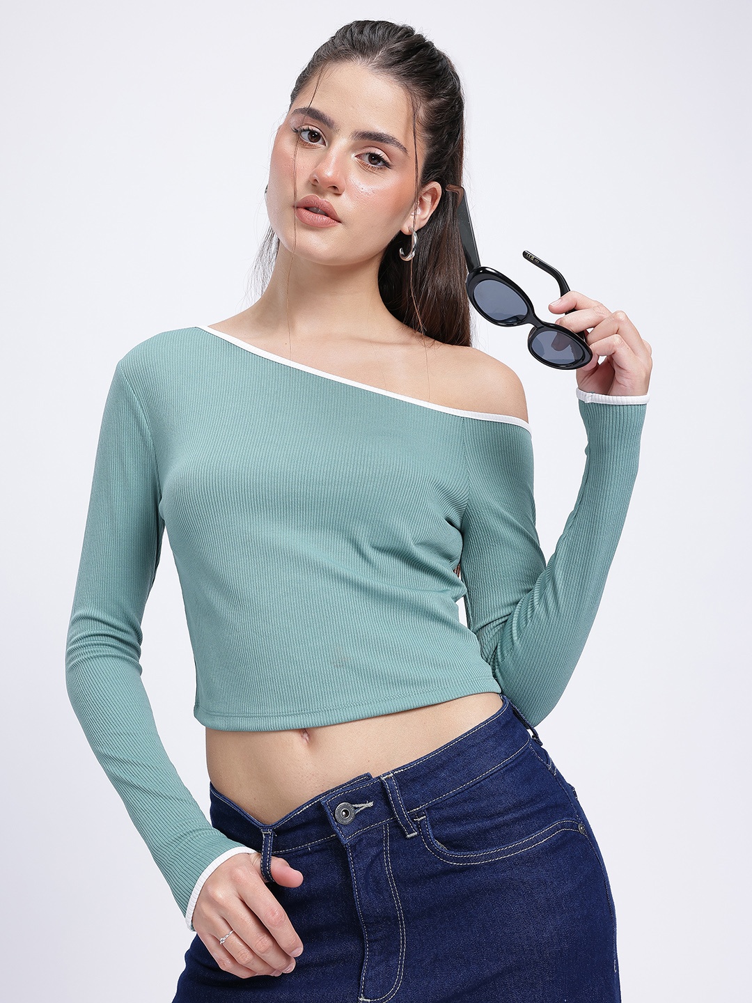 

glitchez Asymmetry Energy Contrast Neck Ribbed One Shoulder Crop Top, Green