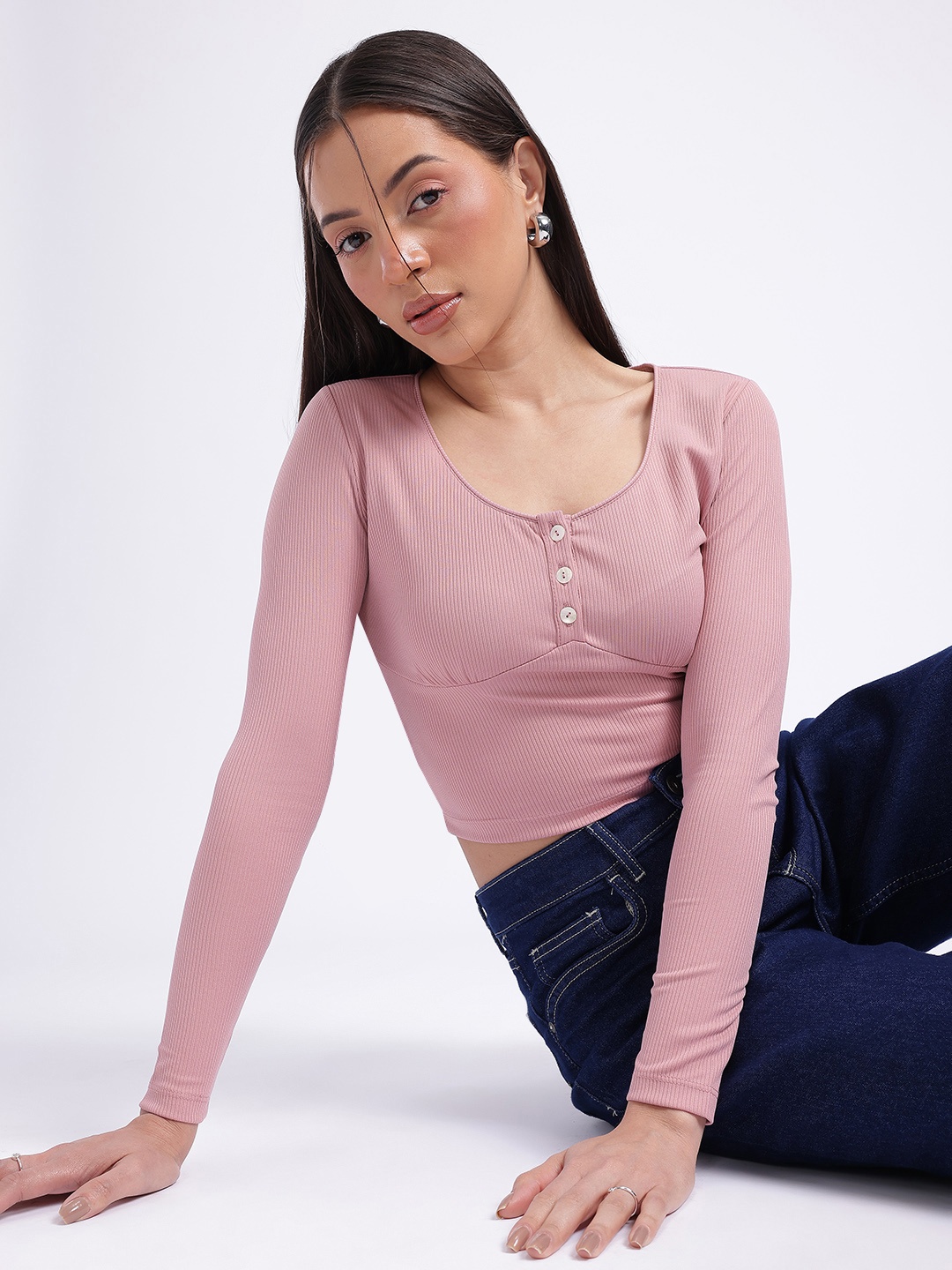 

glitchez Girly Glam Ribbed Scoop Neck Crop Top, Rose