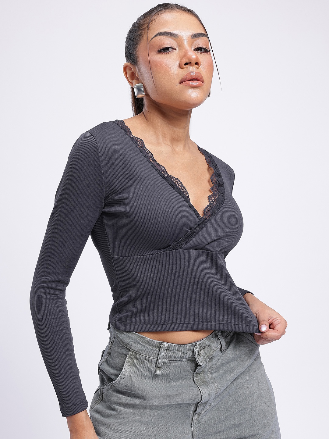 

glitchez Sweetheart Style Lace Detail Plunge Neck Wrap Top, Charcoal
