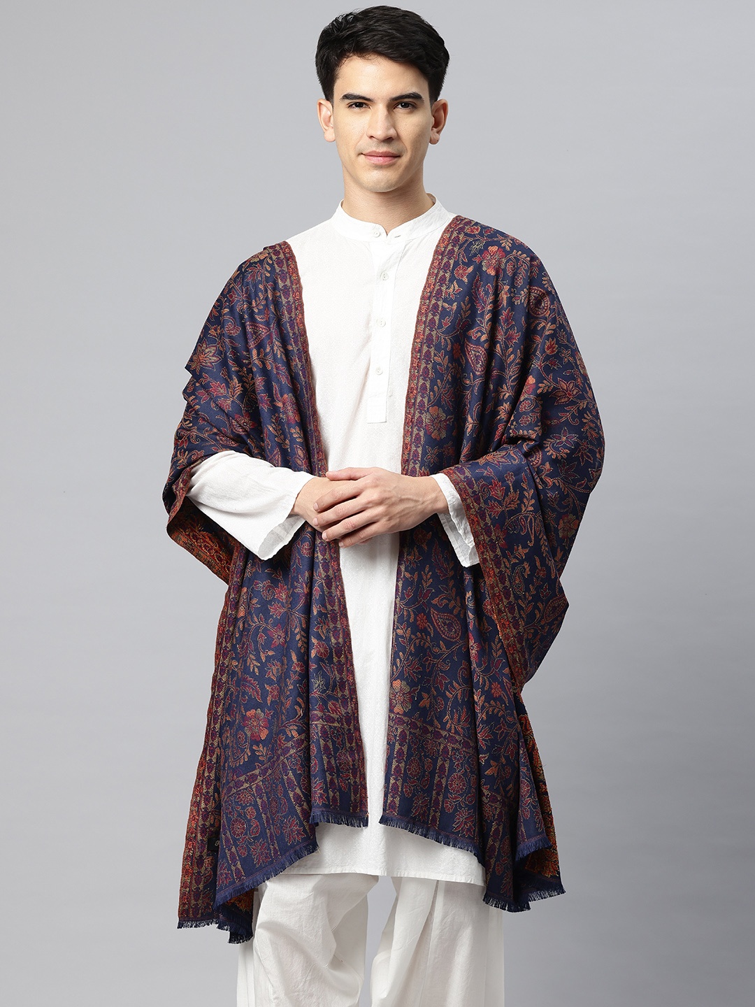

SWI Stylish Men Ethnic Motifs Woven Design Shawl, Navy blue