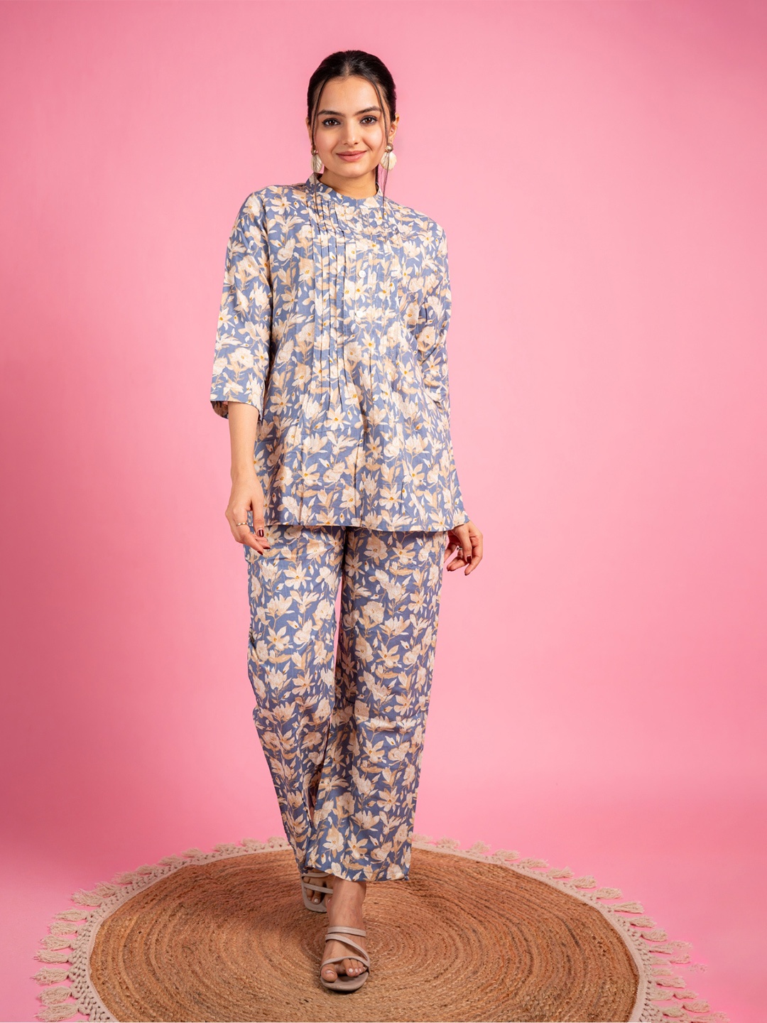 

EKISHA Floral Printed Pure Cotton Shirt & Trousers Co-Ords, Grey
