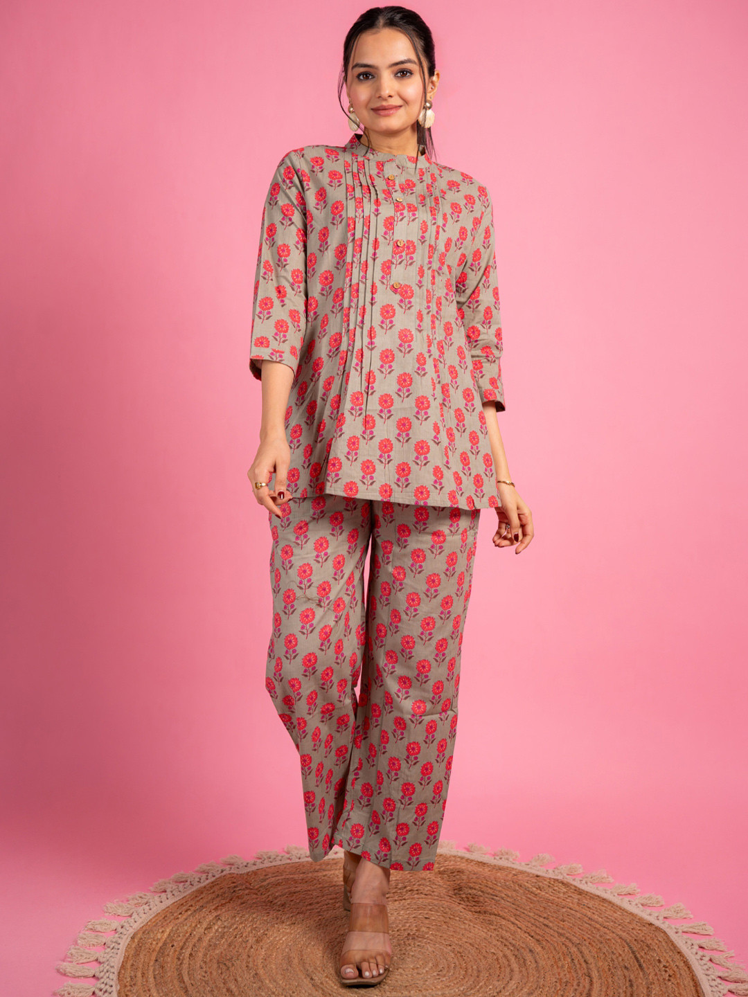 

EKISHA Floral Printed Pure Cotton Tunic With Trousers Co-Ords, Green