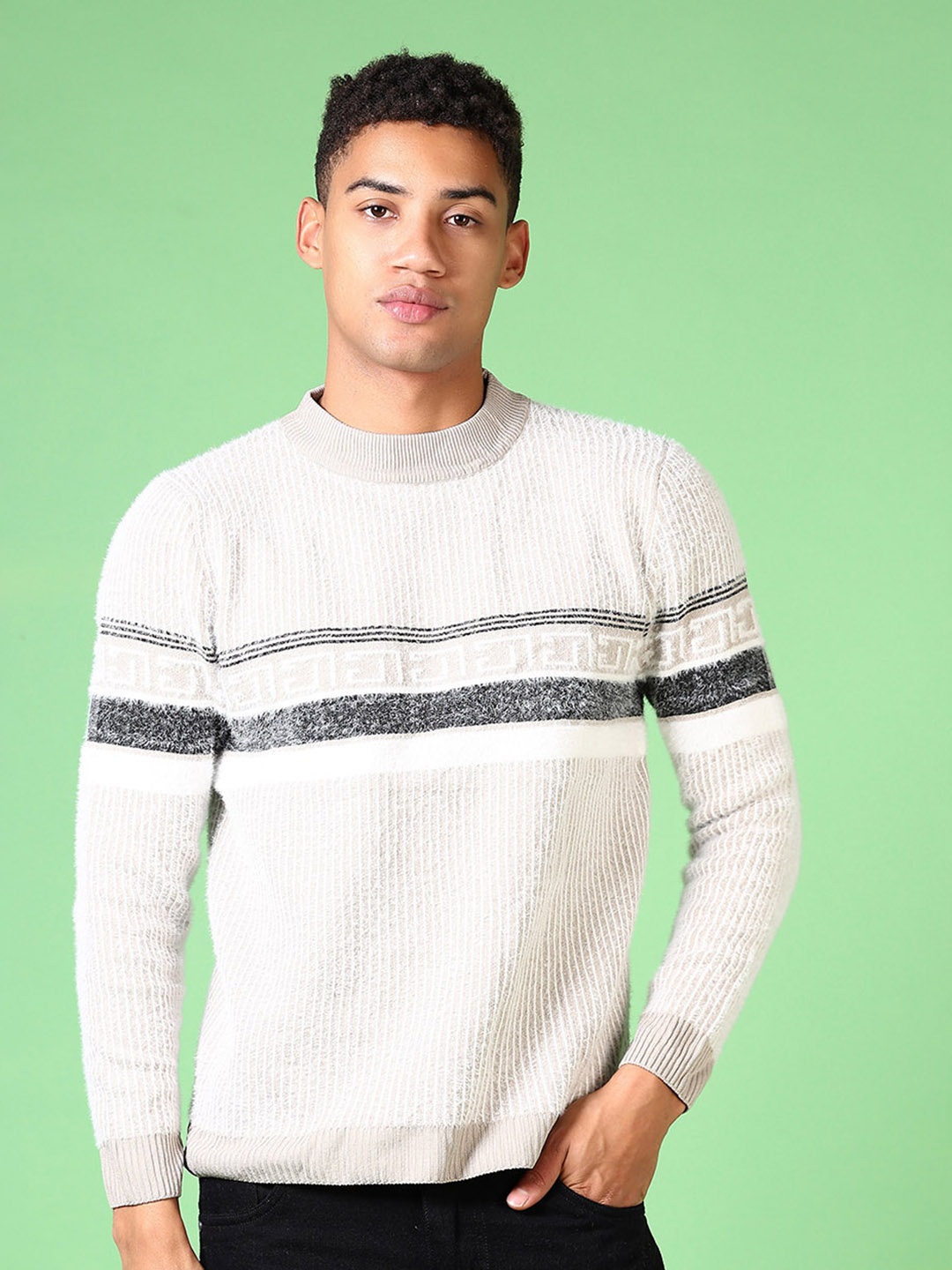 

V-Mart Men Striped Pullover, Beige