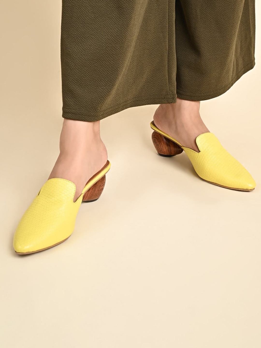 

SKO Kitten Mules with Laser Cuts, Yellow