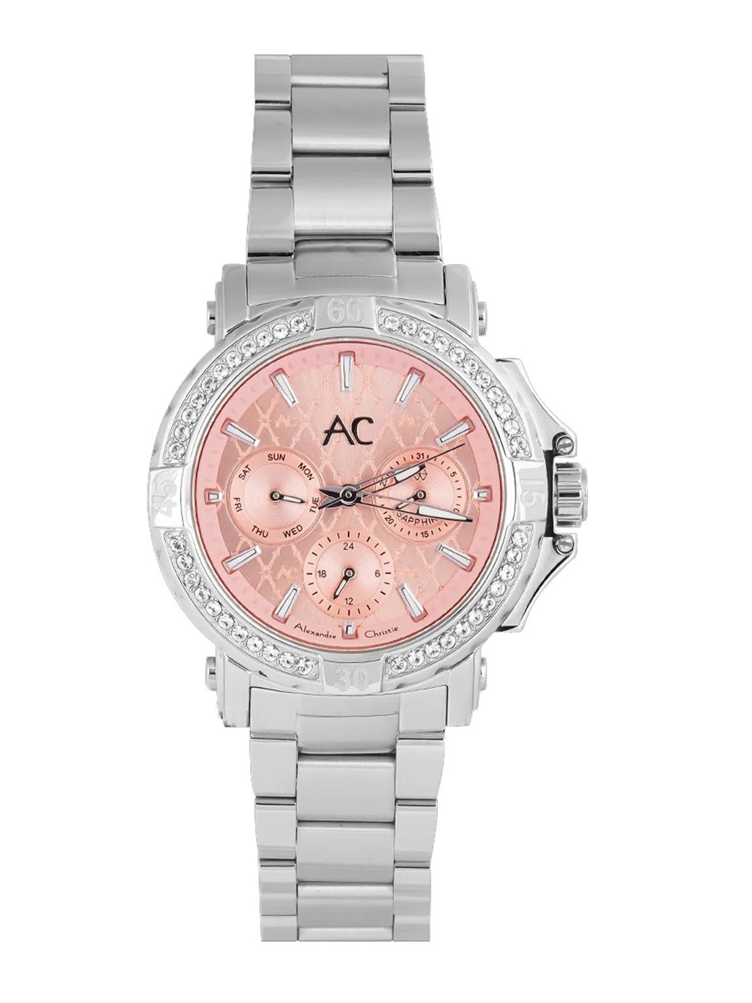 

Alexandre Christie Women Embellished Dial & Stainless Steel Bracelet Style Straps Analogue Watch, Silver