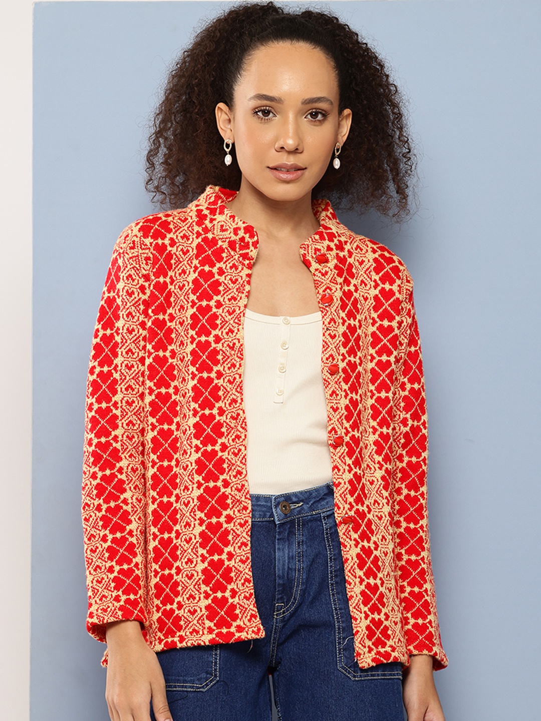 

Aarika Floral Printed Woollen Cardigan, Red