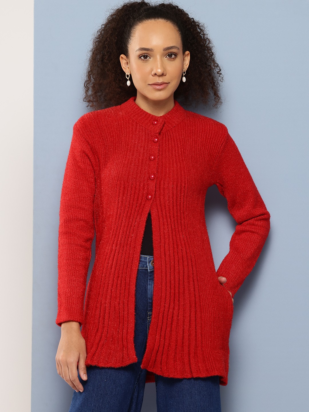

Aarika RIbbed Woollen Longline Cardigan, Red