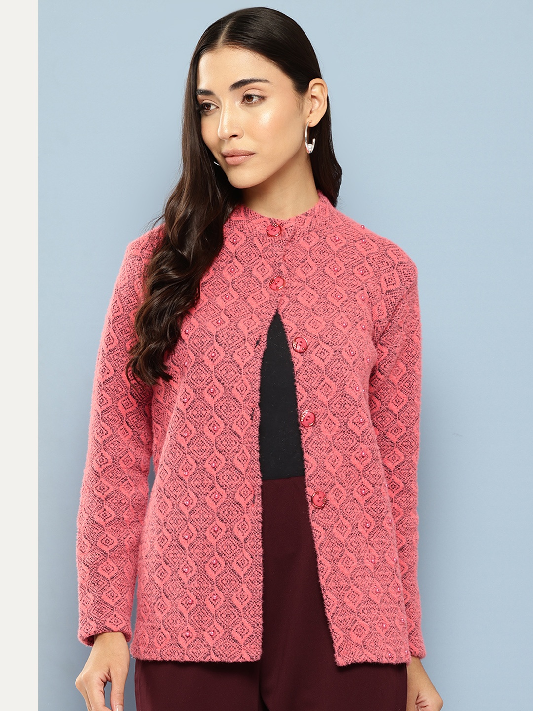 

Aarika Printed Woollen Longline Cardigan with Embellished Detail, Coral