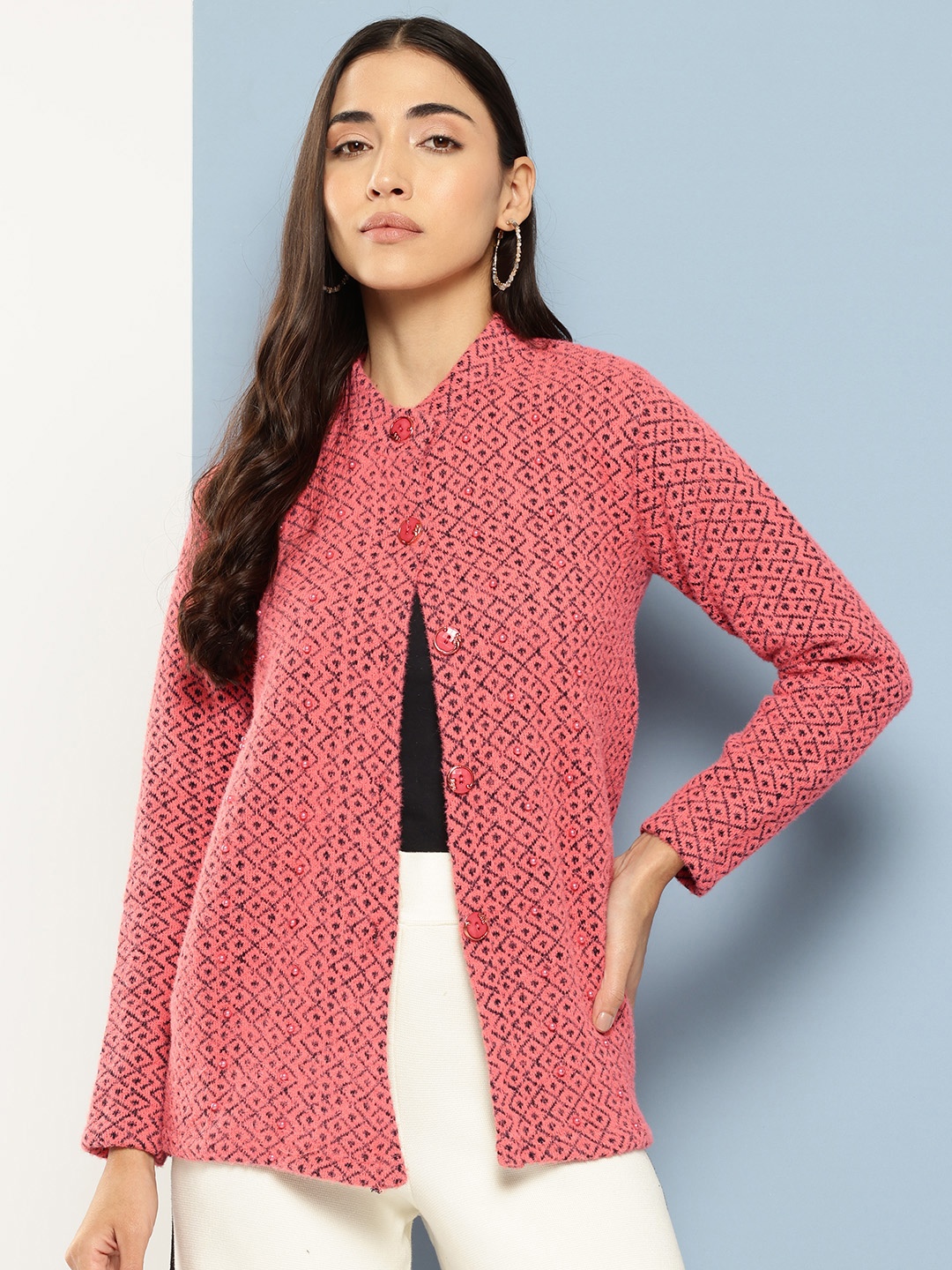 

Aarika Printed Woollen Longline Cardigan with Embellished Detail, Coral