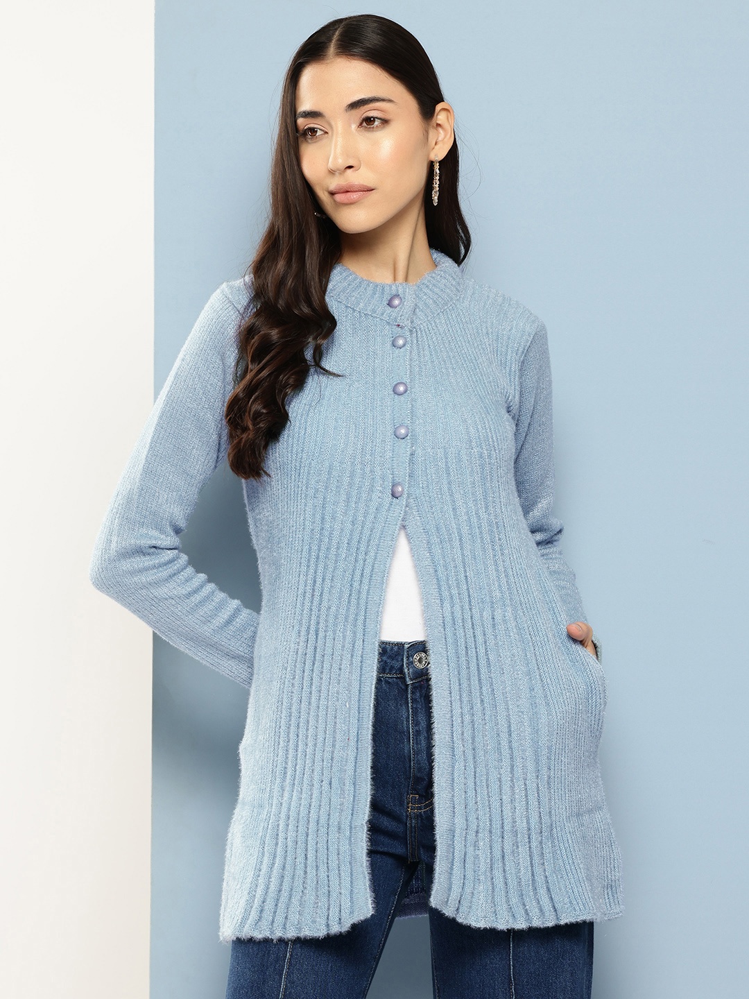 

Aarika Ribbed Woollen Longline Cardigan, Grey