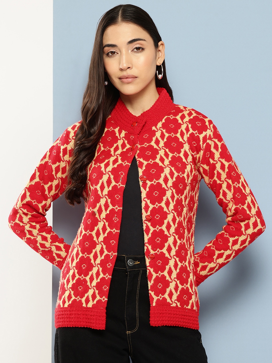 

Aarika Floral Printed Woollen Cardigan, Red