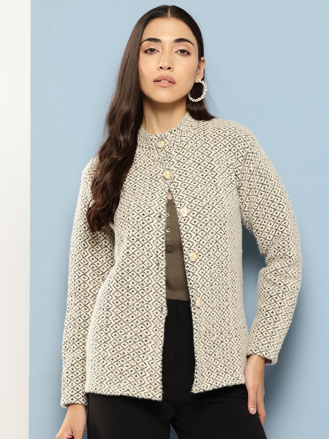 

Aarika Printed Woollen Cardigan with Embellished Detail, Cream