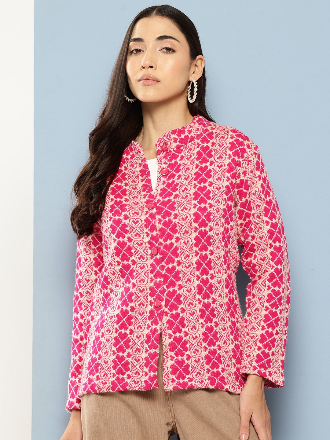 

Aarika Quirky Printed Woollen Cardigan, Pink