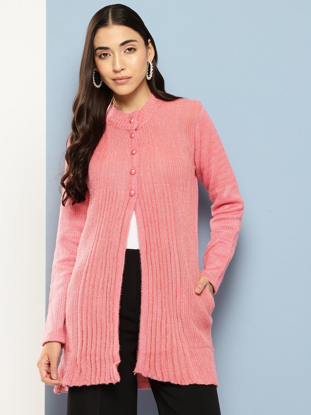 

Aarika Ribbed Woollen Longline Cardigan, Peach