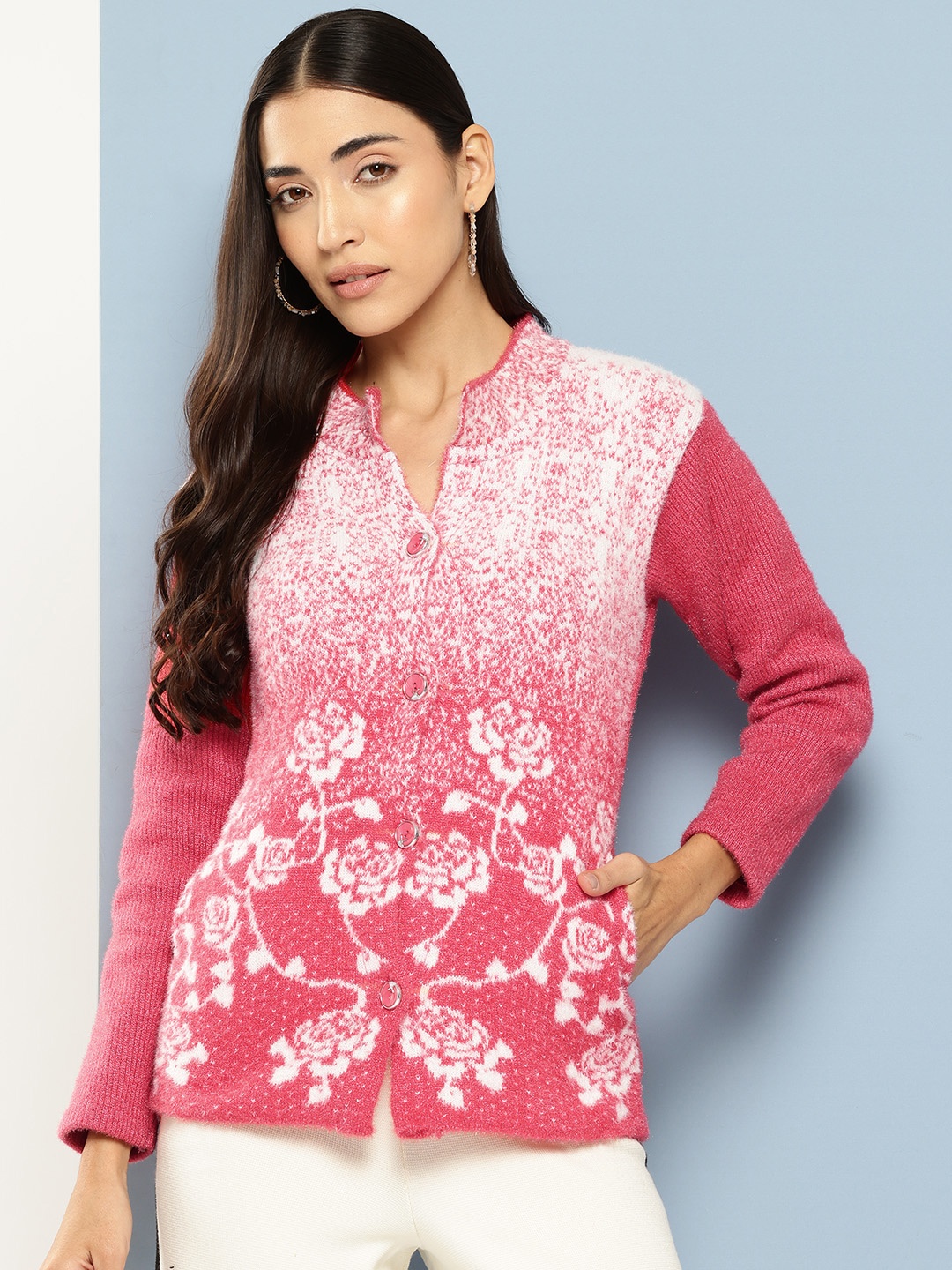 

Aarika Floral Printed Woollen Cardigan, Red