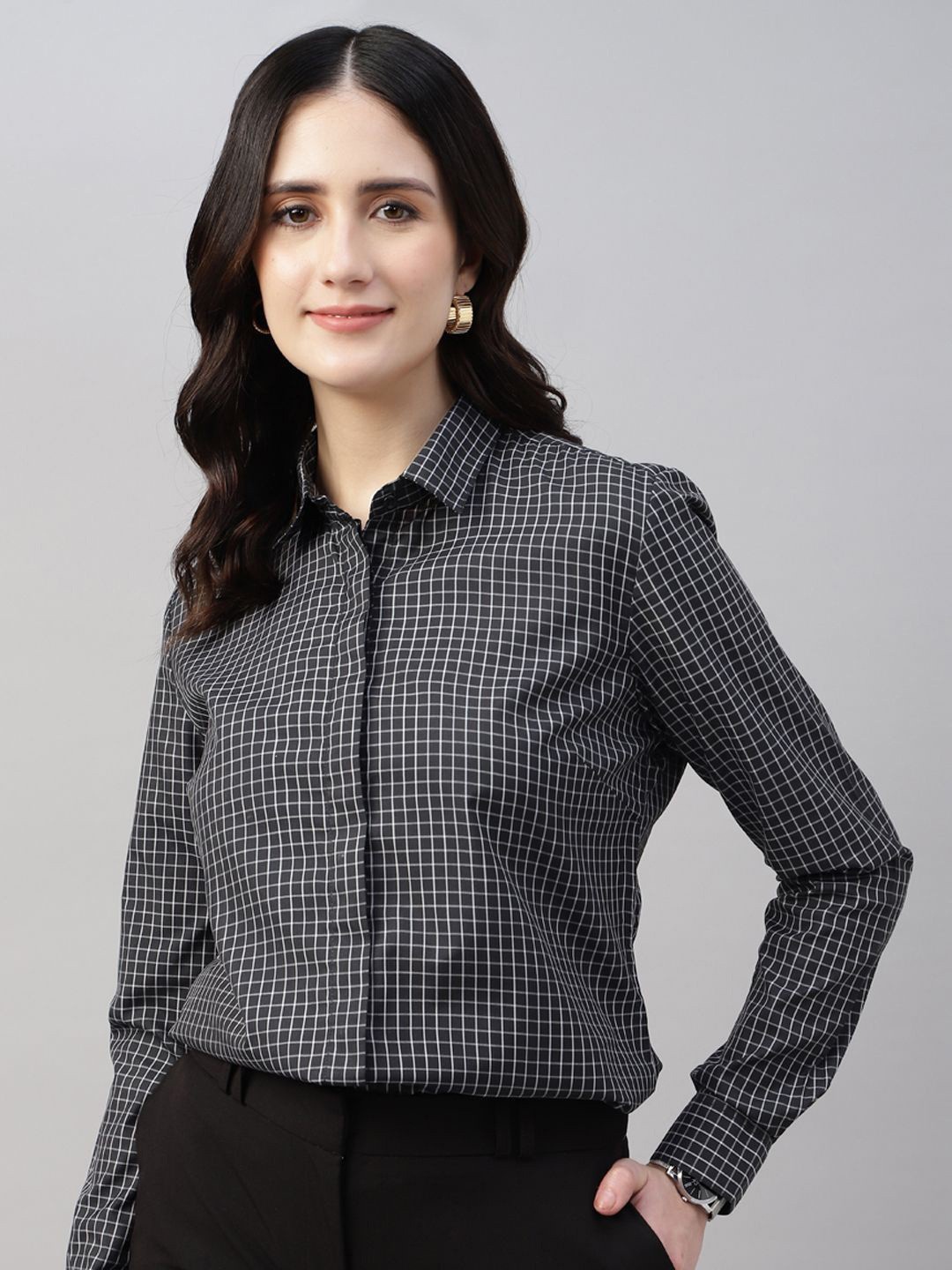 

English Navy Women Micro Checks Opaque Checked Formal Shirt, Black