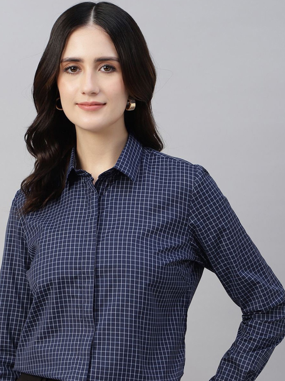 

English Navy Women Micro Checks Opaque Checked Formal Shirt, Navy blue