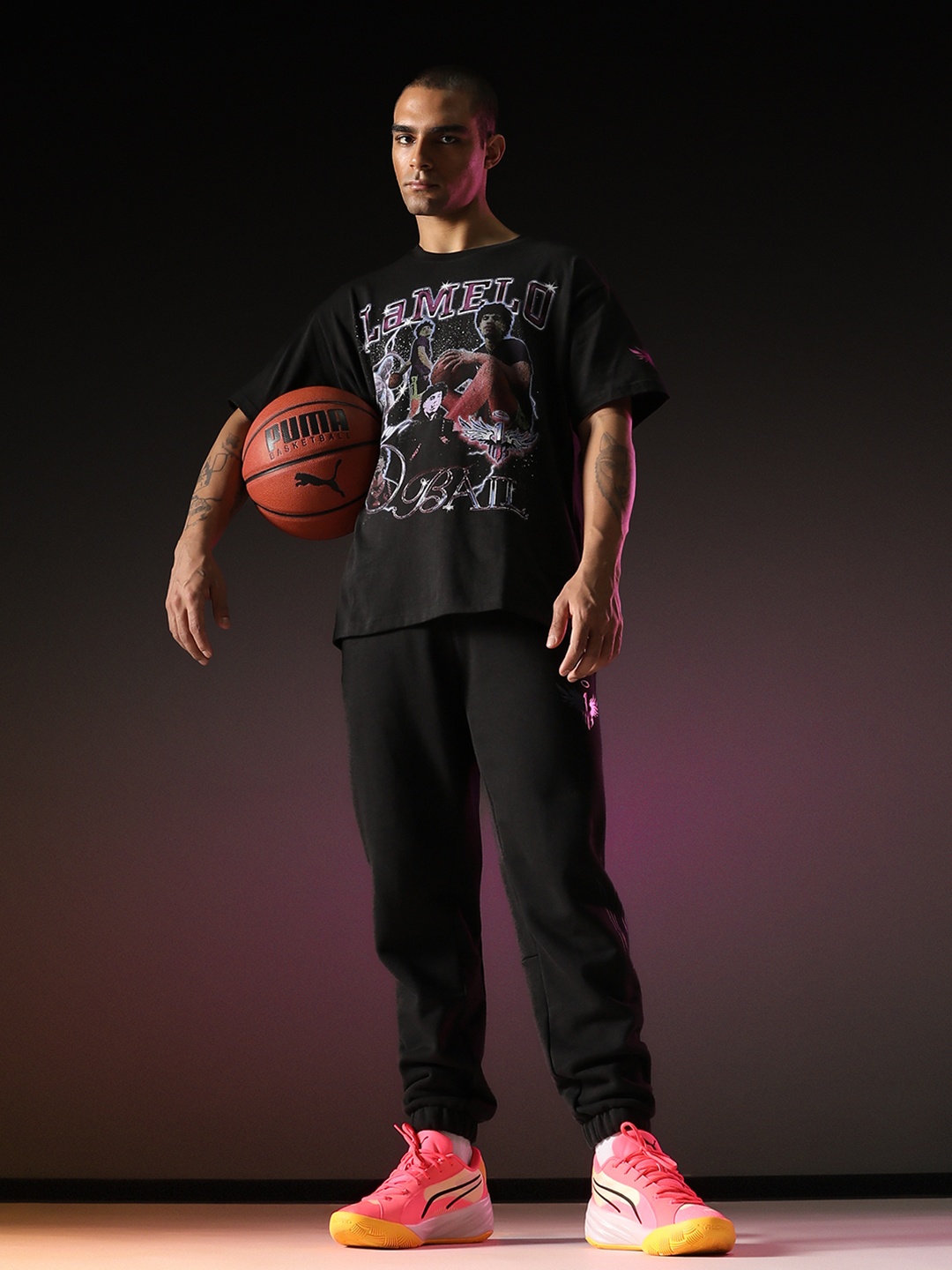 

Puma Melo Iridescent Hornets Printed Oversized Fit Basketball T-Shirt, Black