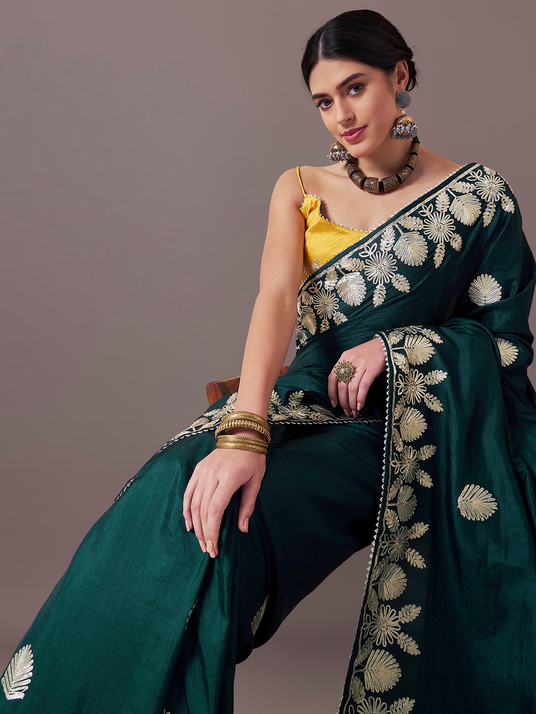 

House of Pataudi Dola Siilk Embroidered Party wear Saree, Green