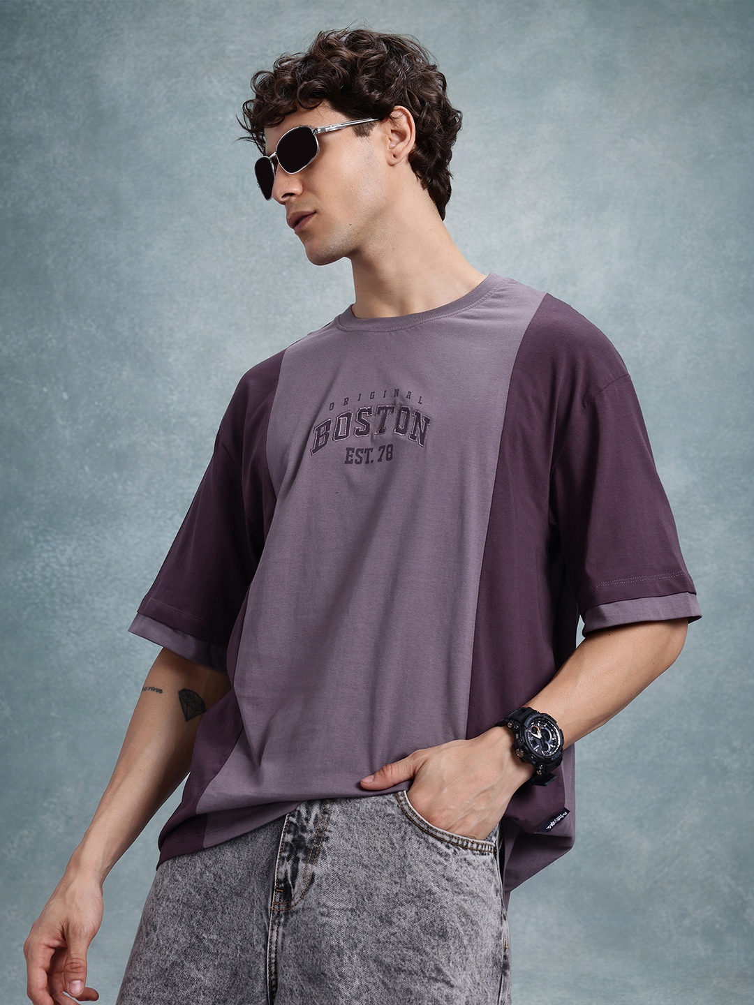 

The Roadster Life Co. Drop-Shoulder Sleeves Relaxed Fit Pure Cotton T-Shirt, Purple