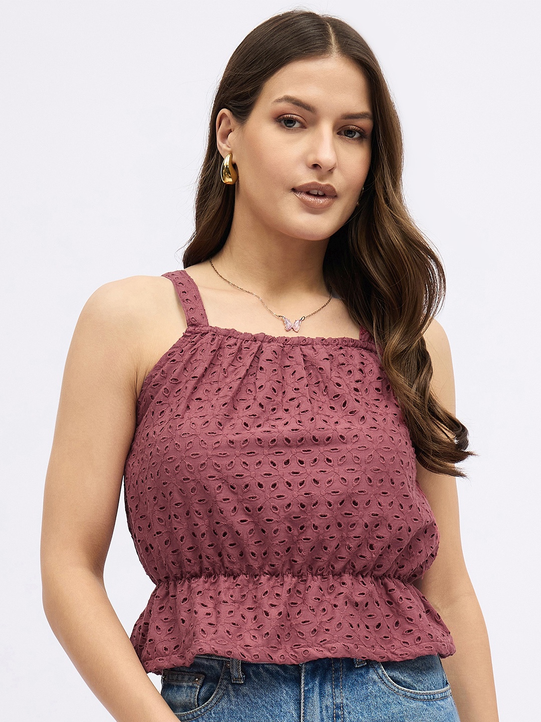 

DressBerry Cotton Schiffli Peplum Crop Top, Red