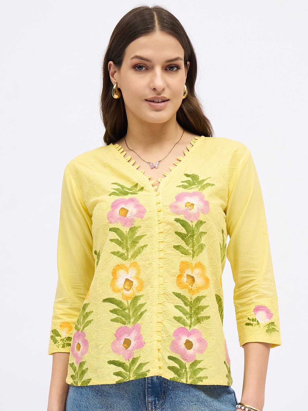 

DressBerry Print Cotton Schiffli Top, Yellow