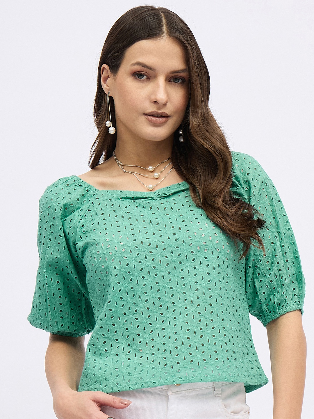 

DressBerry Cotton Schiffli Crop Top, Green