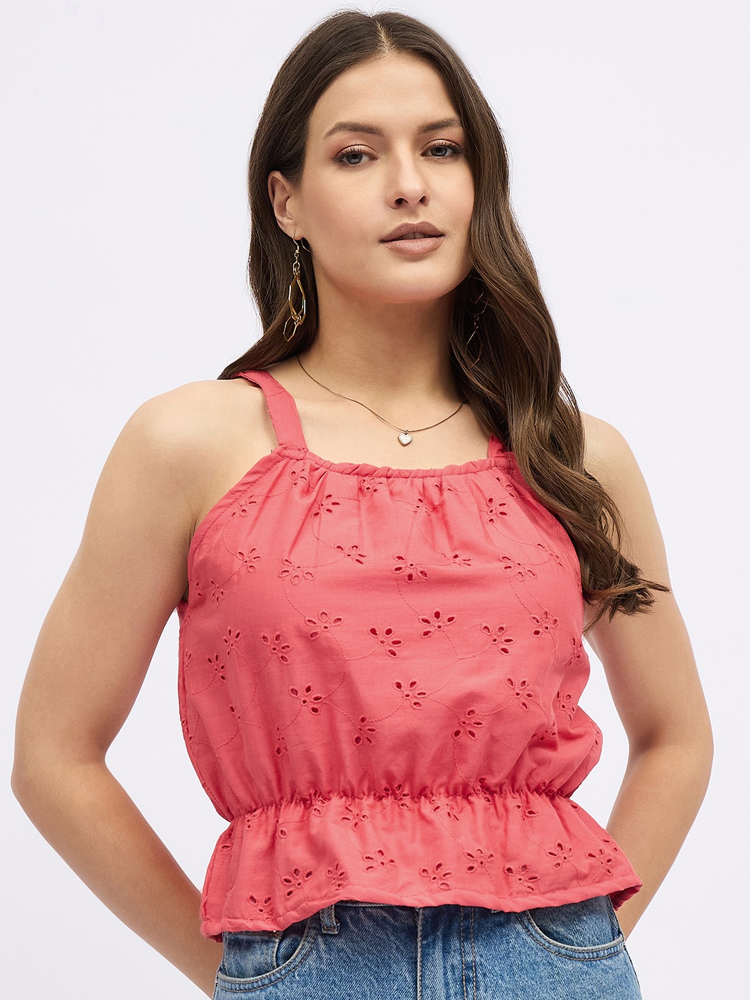 

DressBerry Cotton Schiffli Peplum Crop Top, Coral