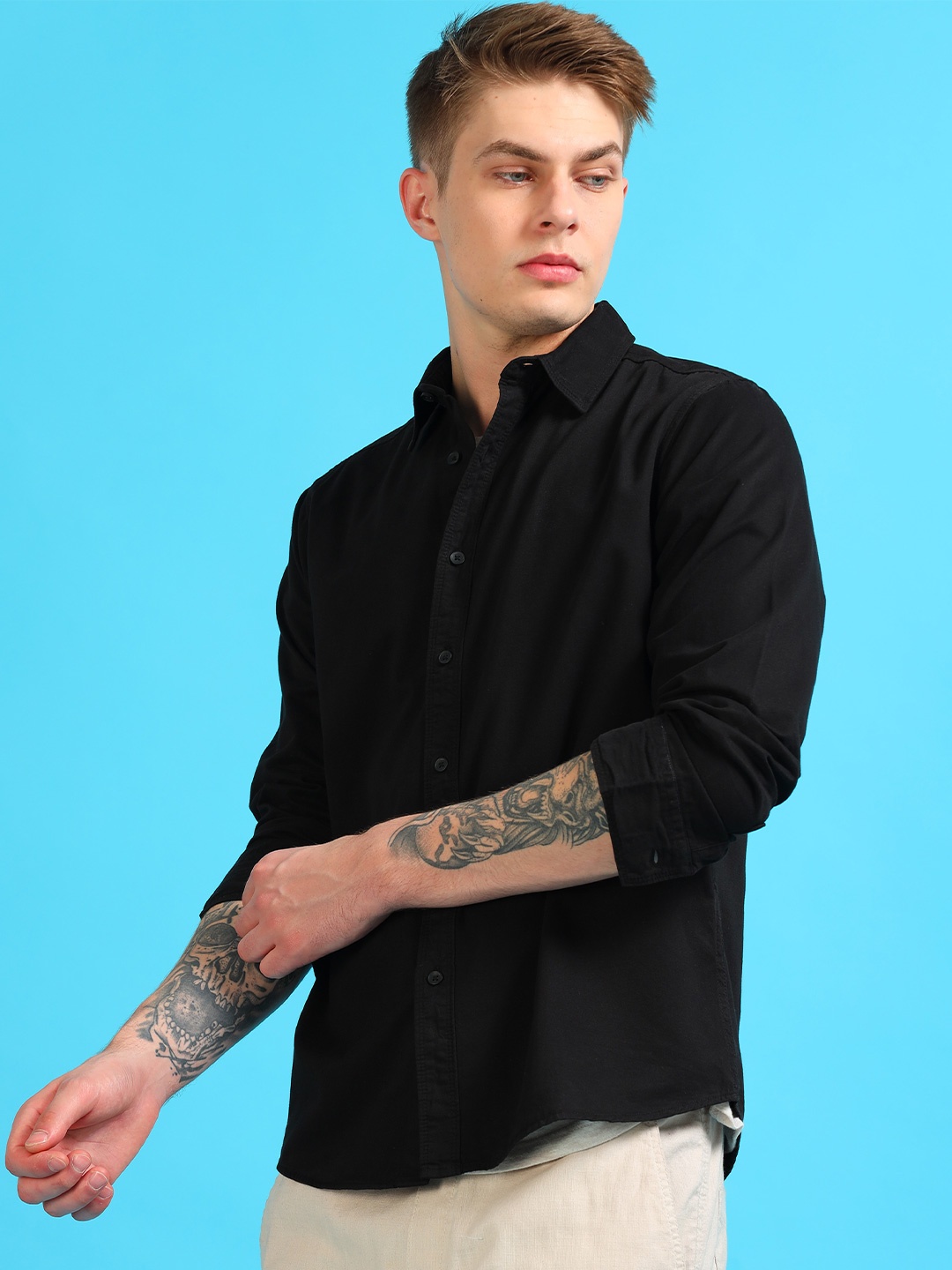 

StitchX Men Full Sleeve Core Essentials Over-Dyed Cotton Spread Collar Shirt, Black