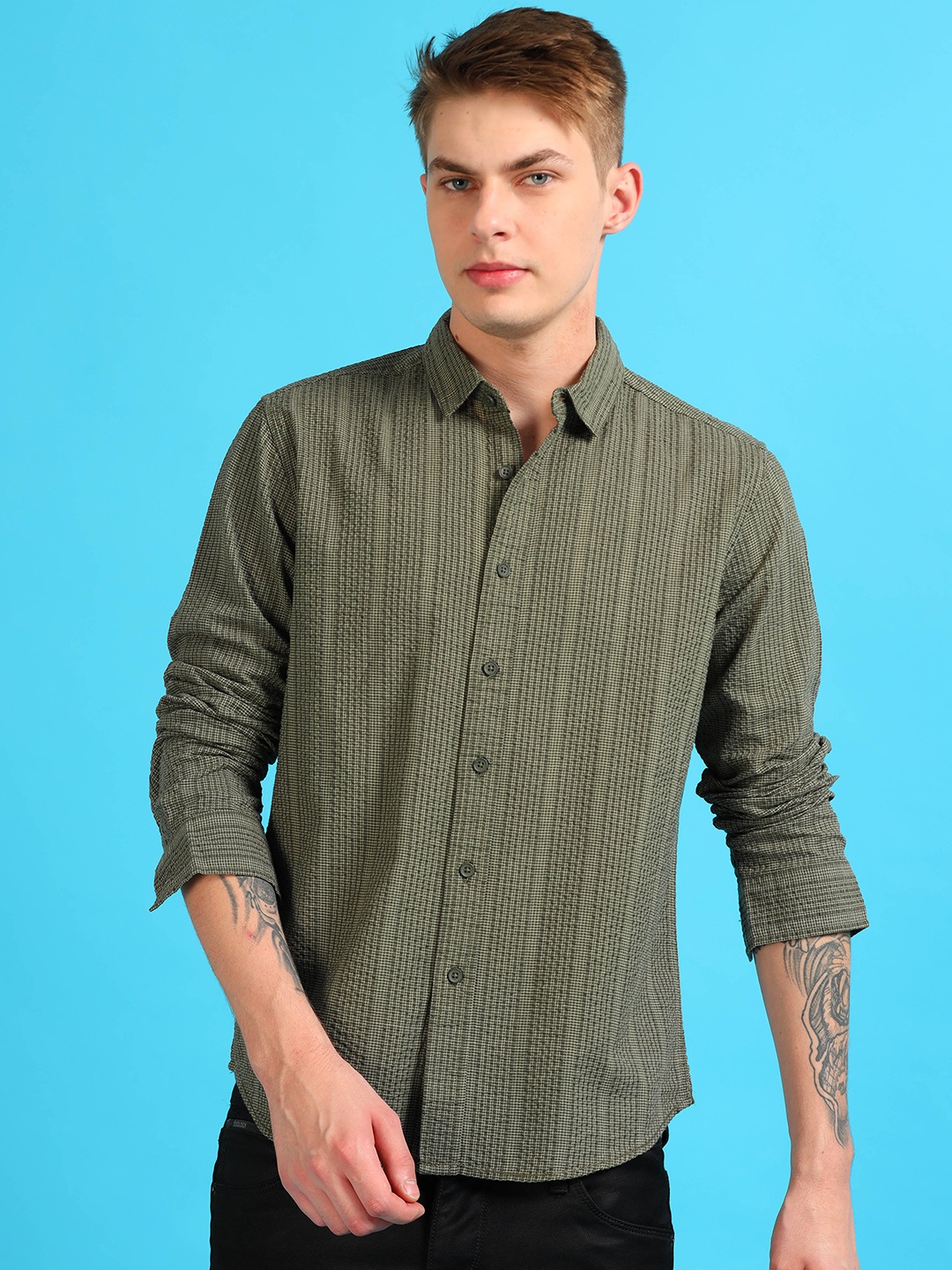 

StitchX Men Full Sleeve Textured Casual Spread Collar Shirt, Green