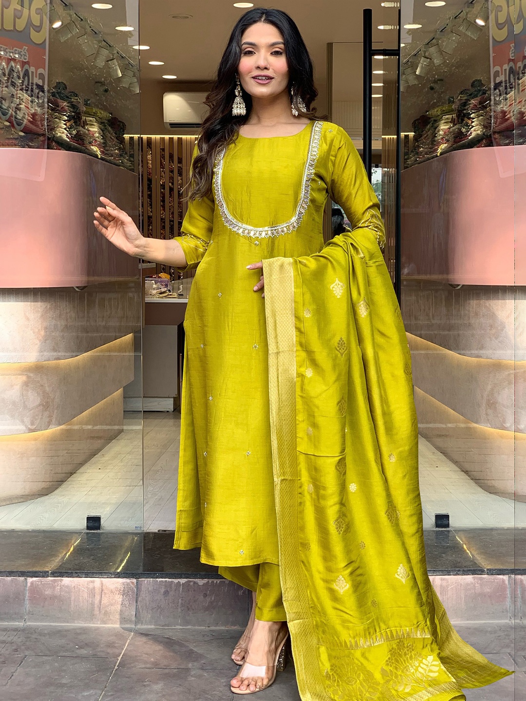 

GoSriKi Women Embroidered Regular Kurta with Trousers & With Dupatta, Green