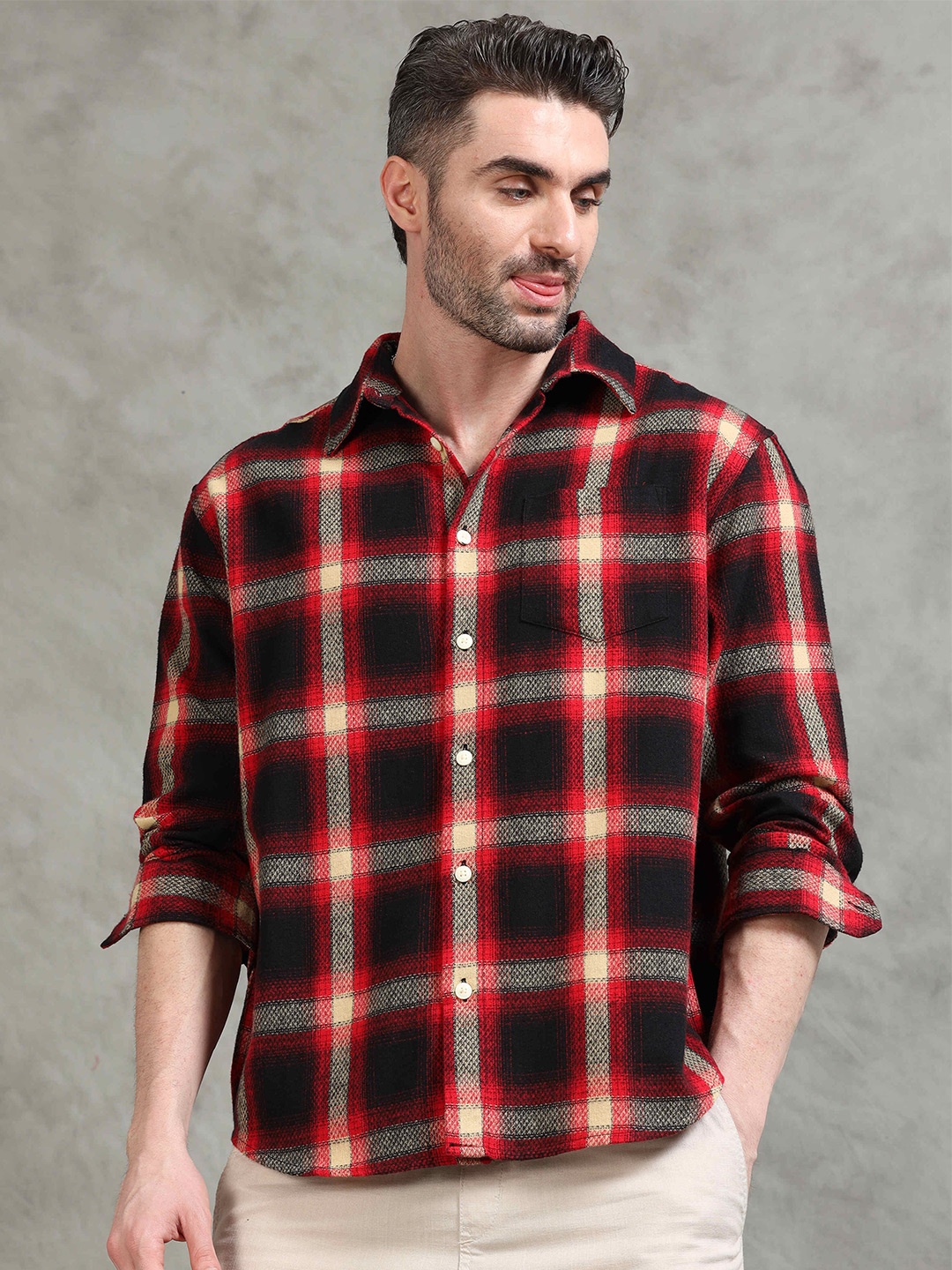 

StitchX Men Relaxed Fit Full Sleeve Brushed Cotton Checkered Spread Collar Shirt, Red