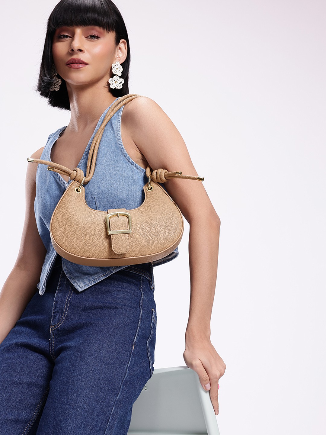 

Mast & Harbour Textured Half Moon Shoulder Bag With Buckle, Beige