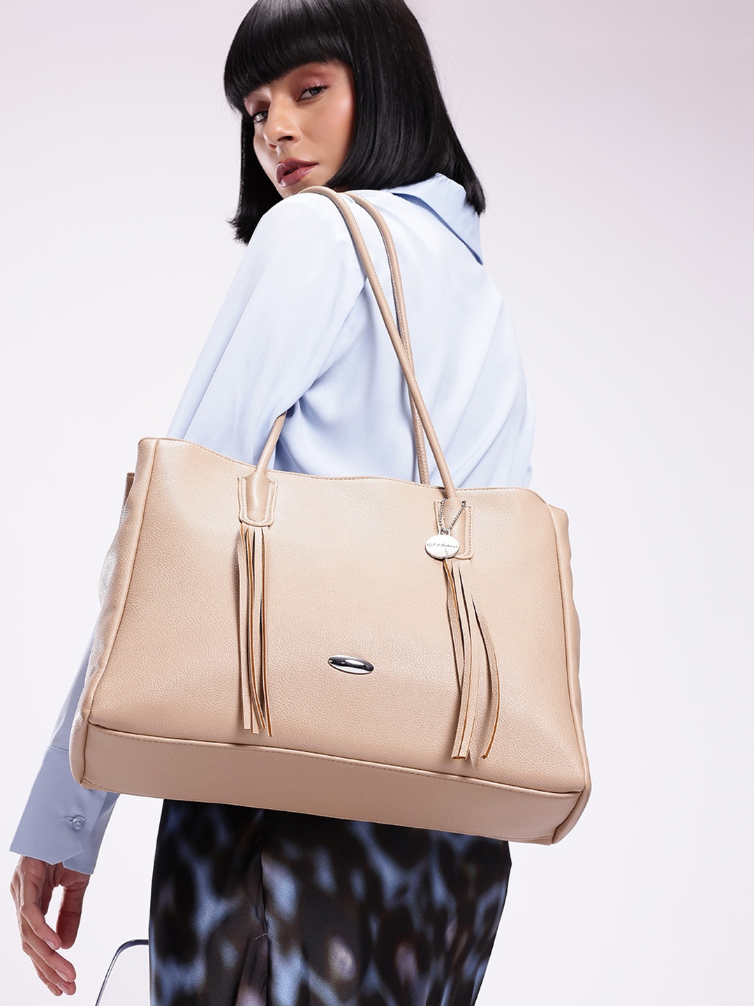 

Mast & Harbour Textured Structured Shoulder Bag with Tasselled, Beige