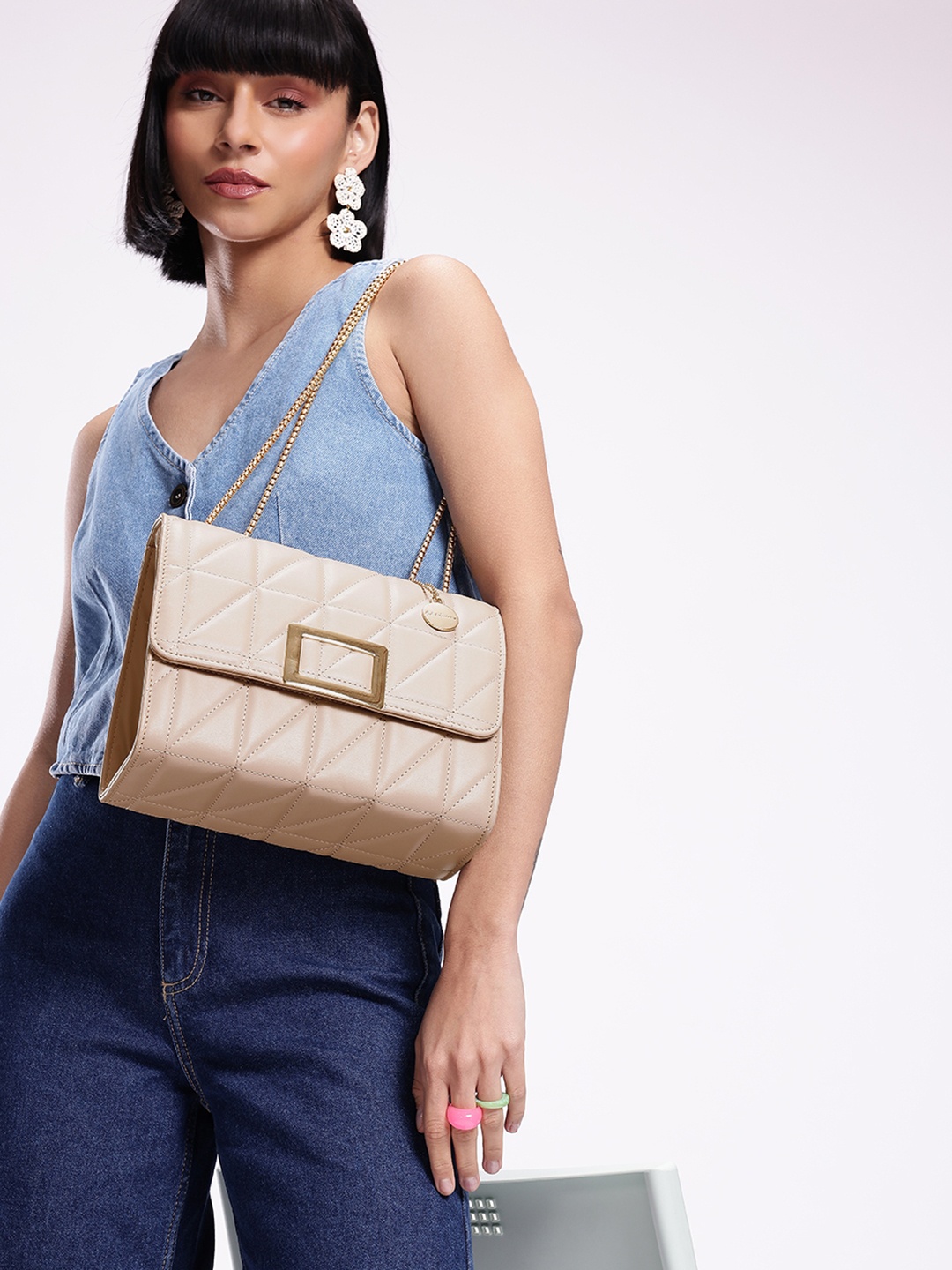 

Mast & Harbour Textured Structured Shoulder Bag with Quilted, Beige
