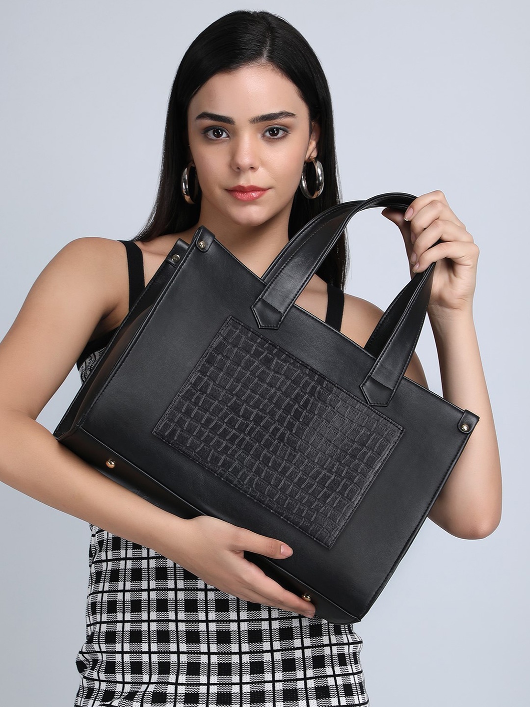 

ALL ABOUT HER Checked PU Structured Tote Bag with Quilted, Black