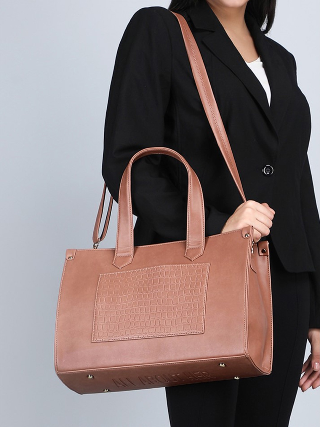 

ALL ABOUT HER Colourblocked PU Swagger Tote Bag with Cut Work, Nude