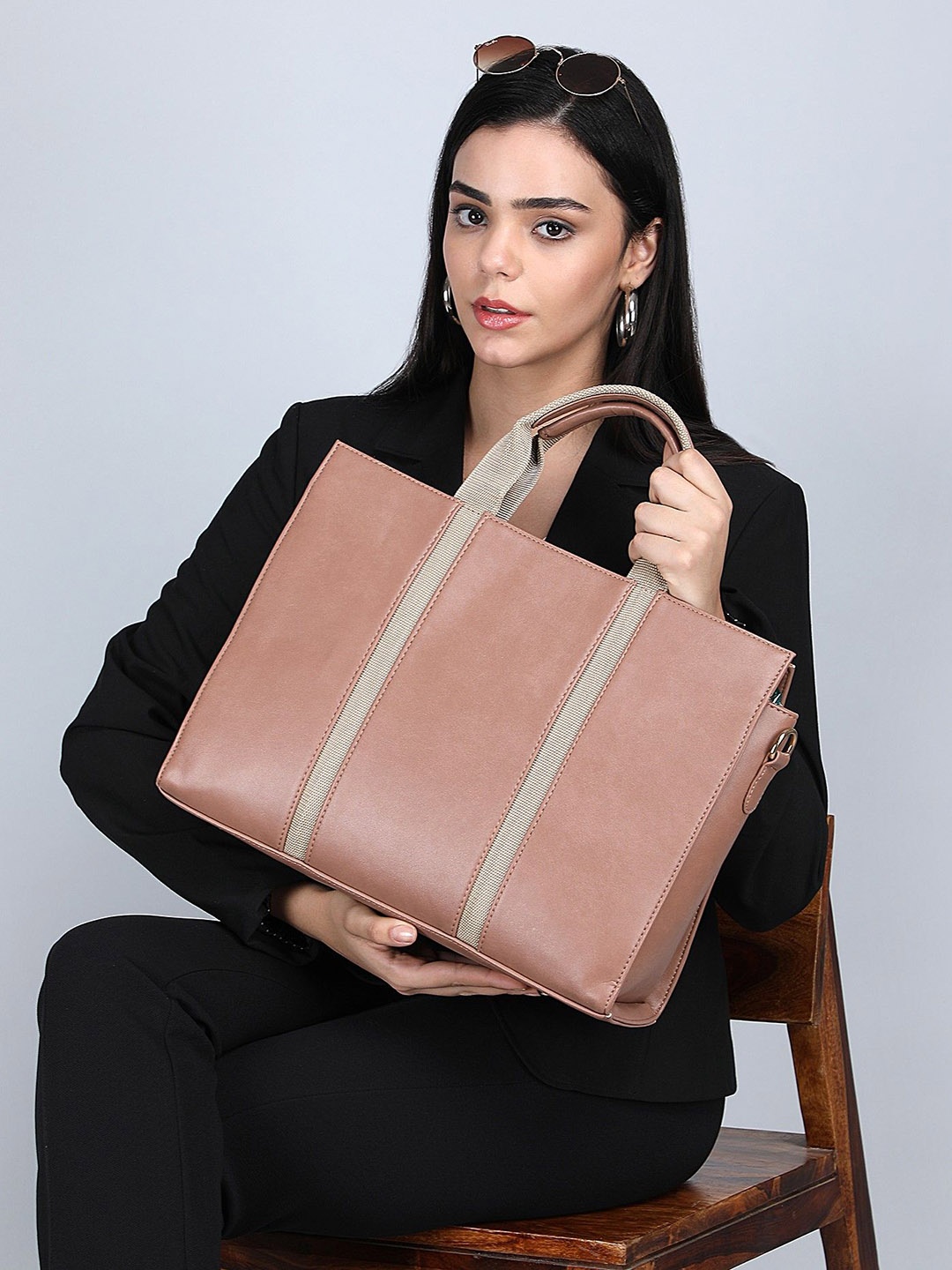 

ALL ABOUT HER PU Structured Tote Bag with Cut Work, Nude