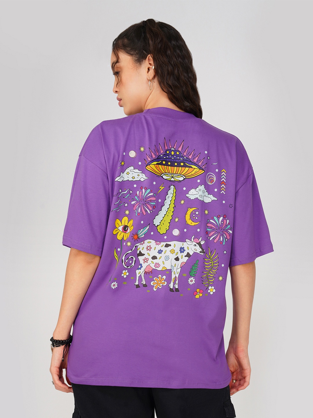 

THREADCURRY Women Printed Applique T-shirt, Purple