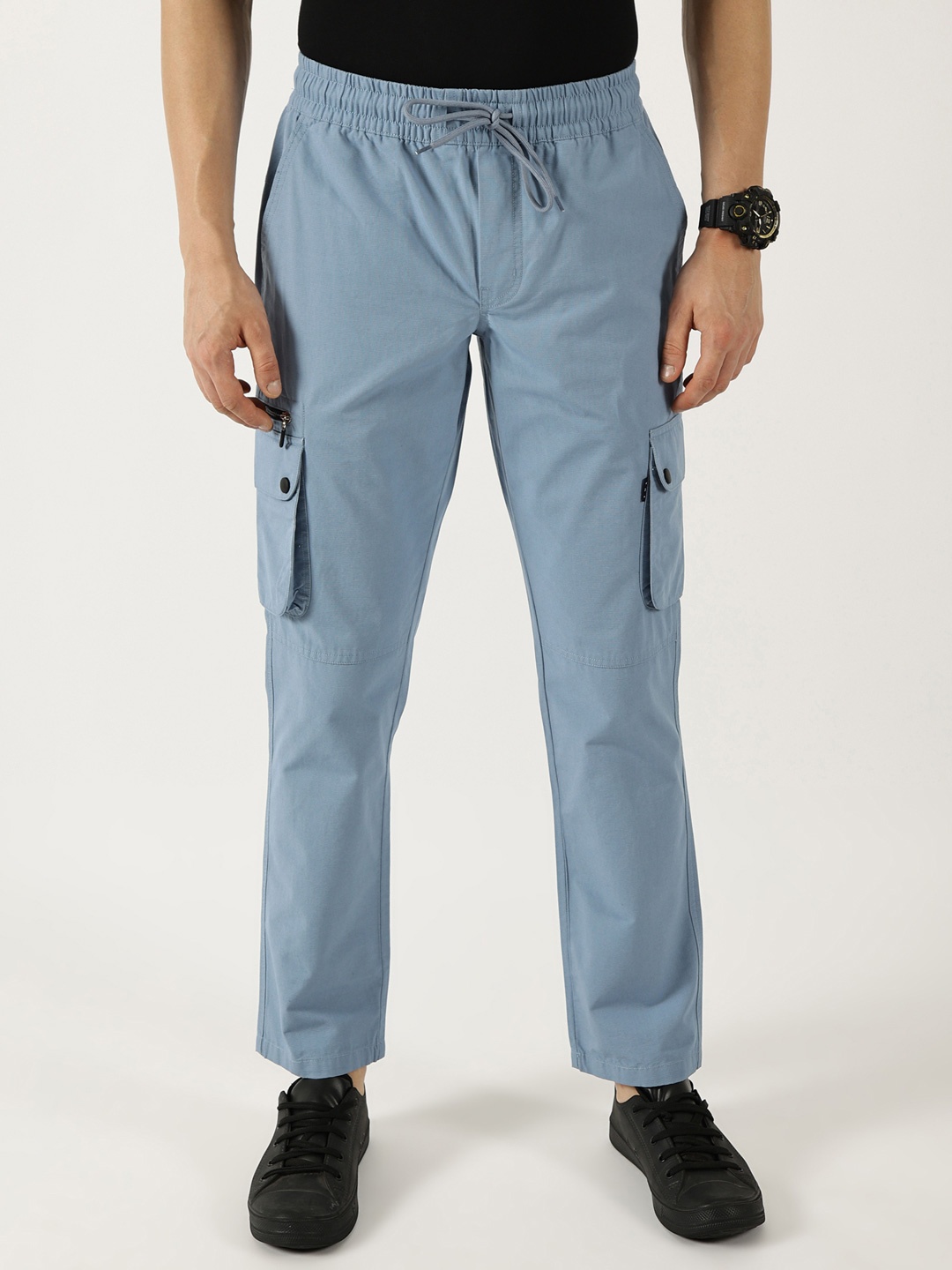 

Thomas Scott Men Smart Fit Straight Fit Mid-Rise Cotton Cargos Trousers, Blue