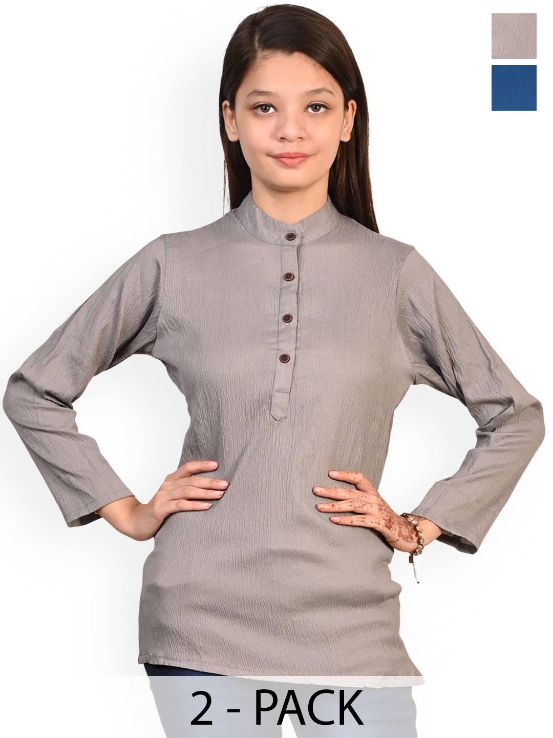 

BAESD Girls Pack Of 2 Band Collar Long Sleeves Kurtas, Grey