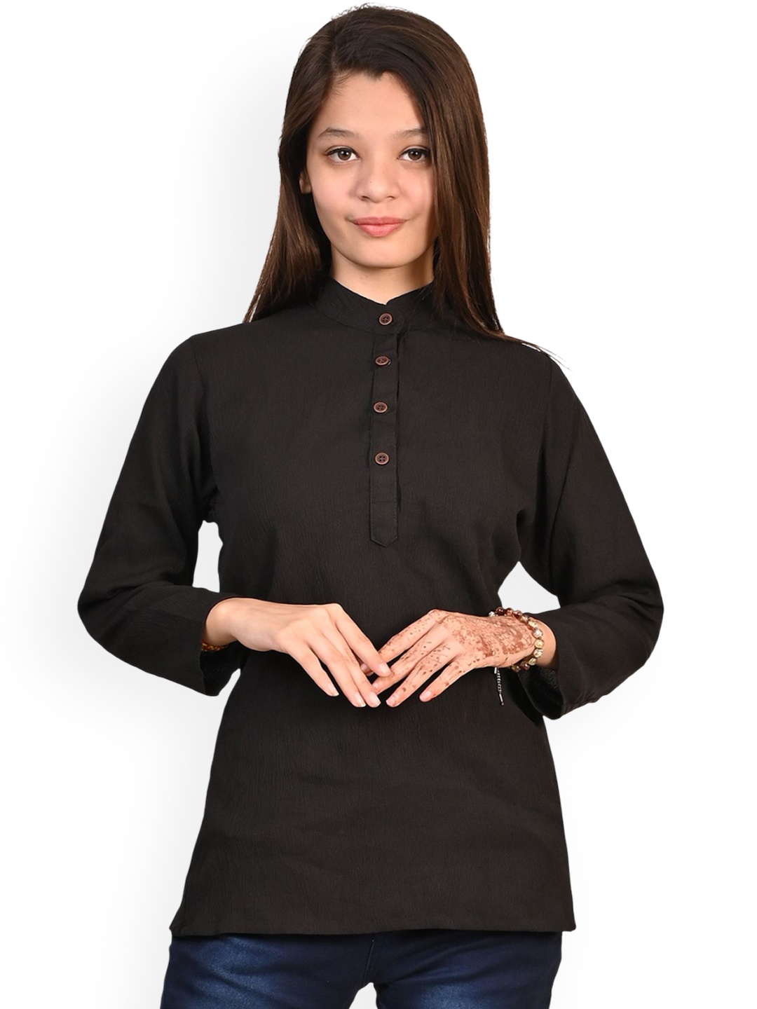 

BAESD Girls Band Collar Crepe Straight Kurta, Black
