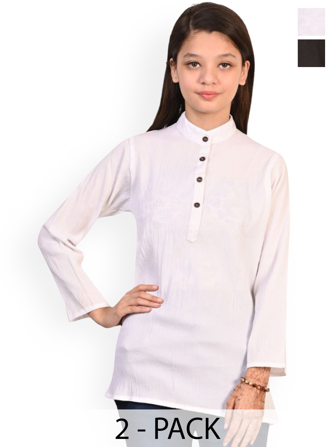 

BAESD Girls Pack of 2 Band Collar Crepe Straight Kurta, White