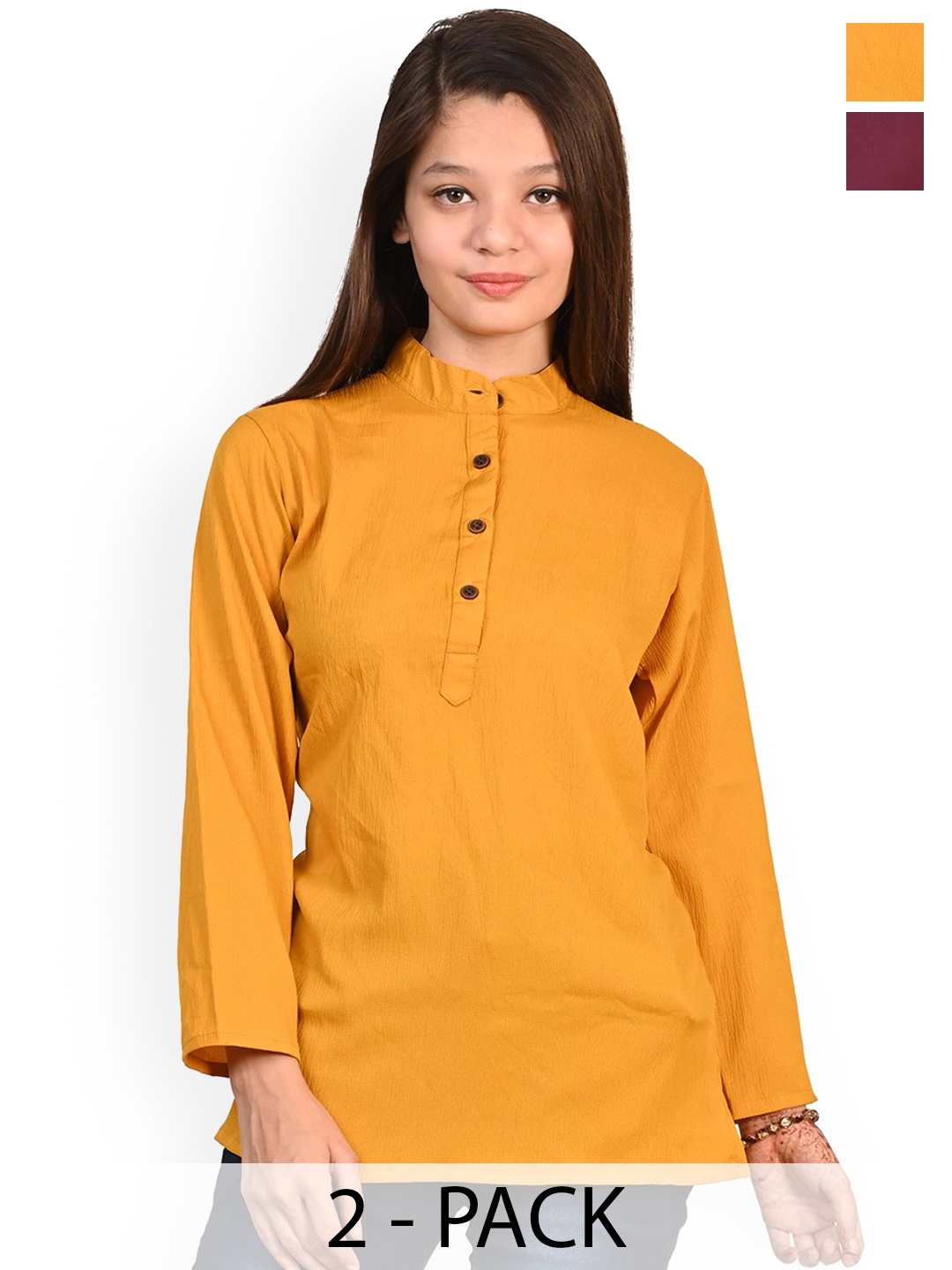 

BAESD Girls Pack Of 2 Band Collar Long Sleeves Kurtas, Yellow