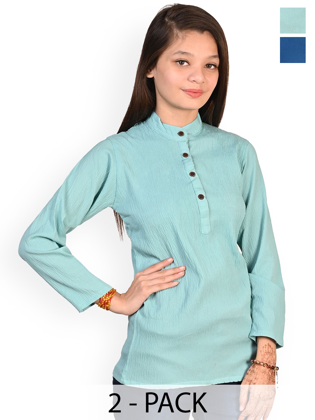 

BAESD Girls Pack of 2 Band Collar Crepe Straight Kurti, Turquoise blue