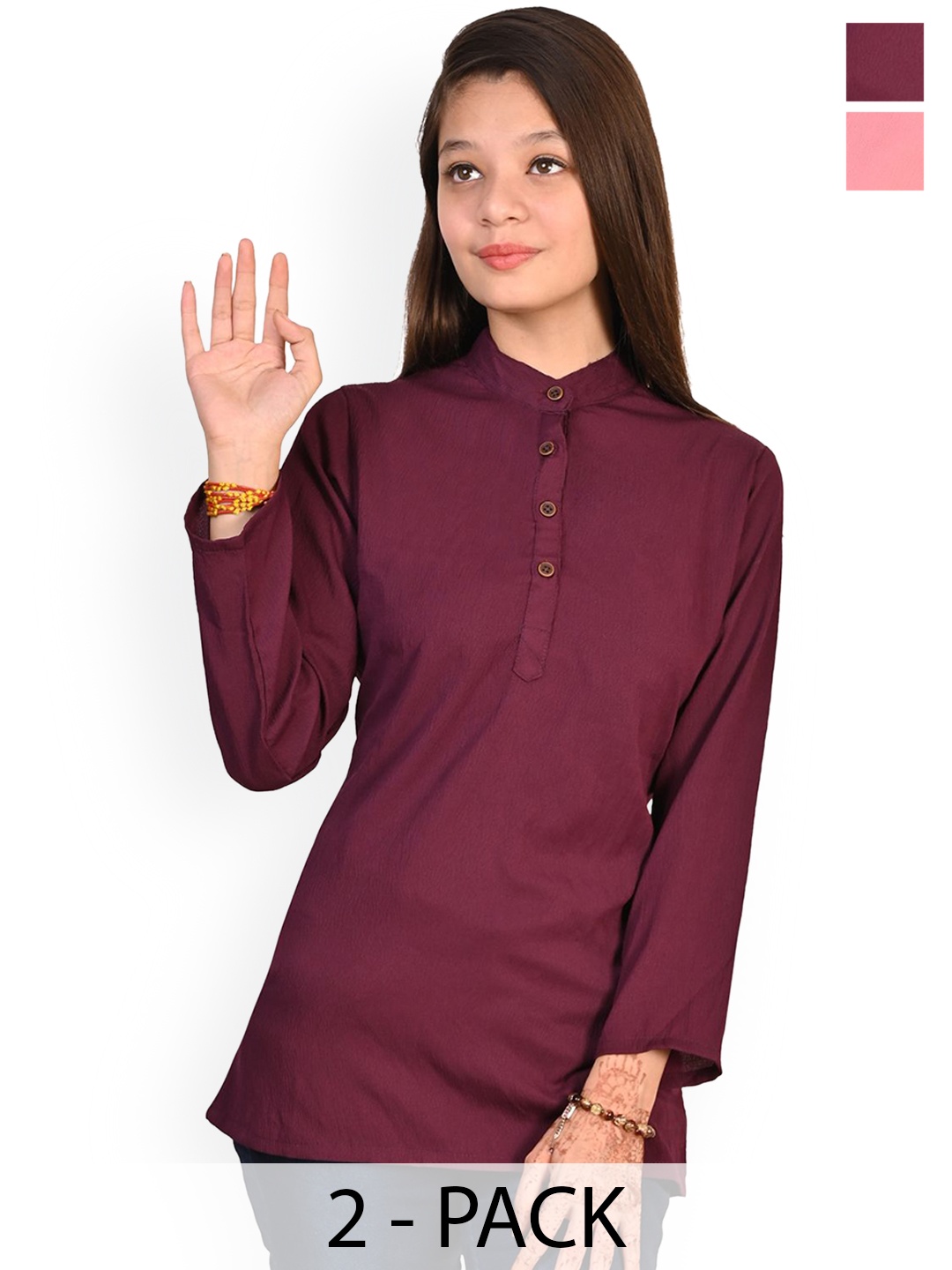 

BAESD Girls Pack of 2 Band Collar Crepe Straight Kurta, Burgundy