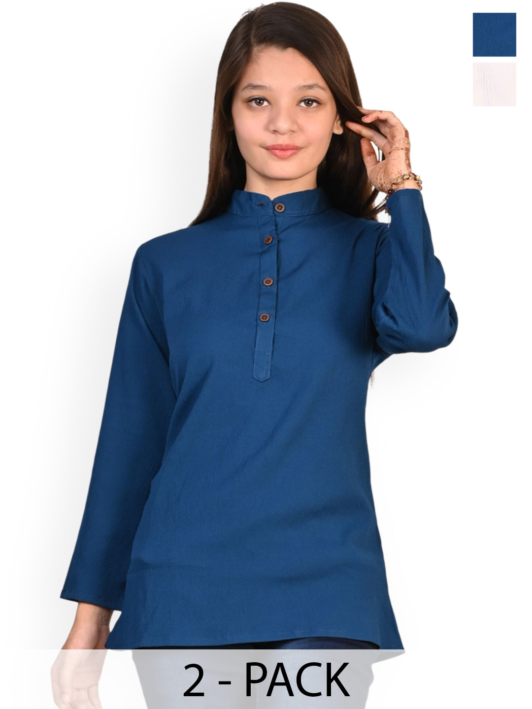 

BAESD Girls Pack Of 2 Band Collar Long Sleeves Kurtas, Blue