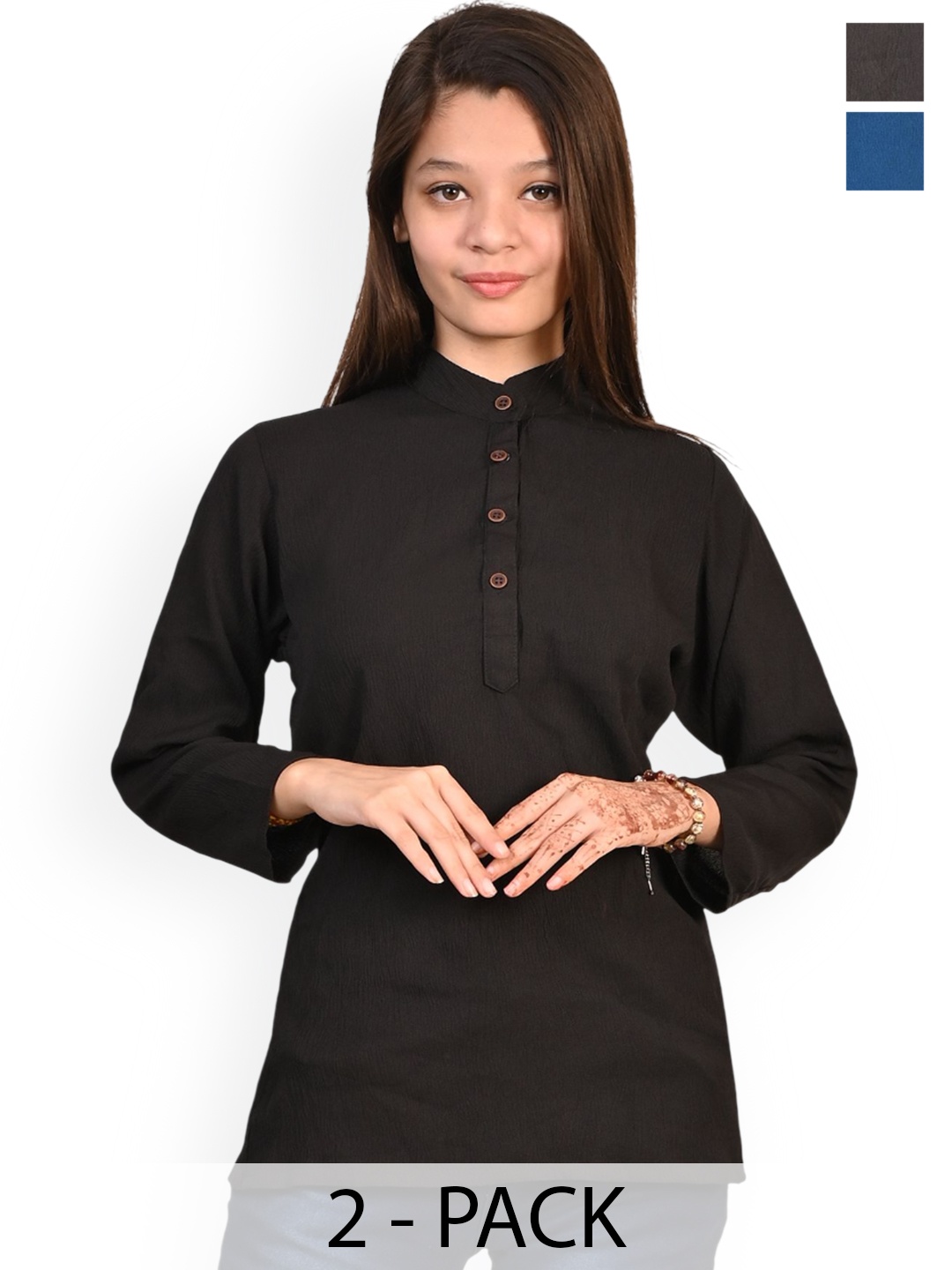 

BAESD Girls Pack Of 2 Band Collar Long Sleeves Kurtas, Black